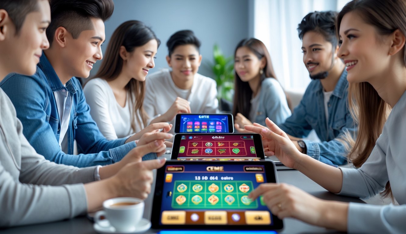 Sekelompok orang muda sedang bermain permainan Ceme online menggunakan ponsel dan tablet di meja modern dalam ruangan yang nyaman.