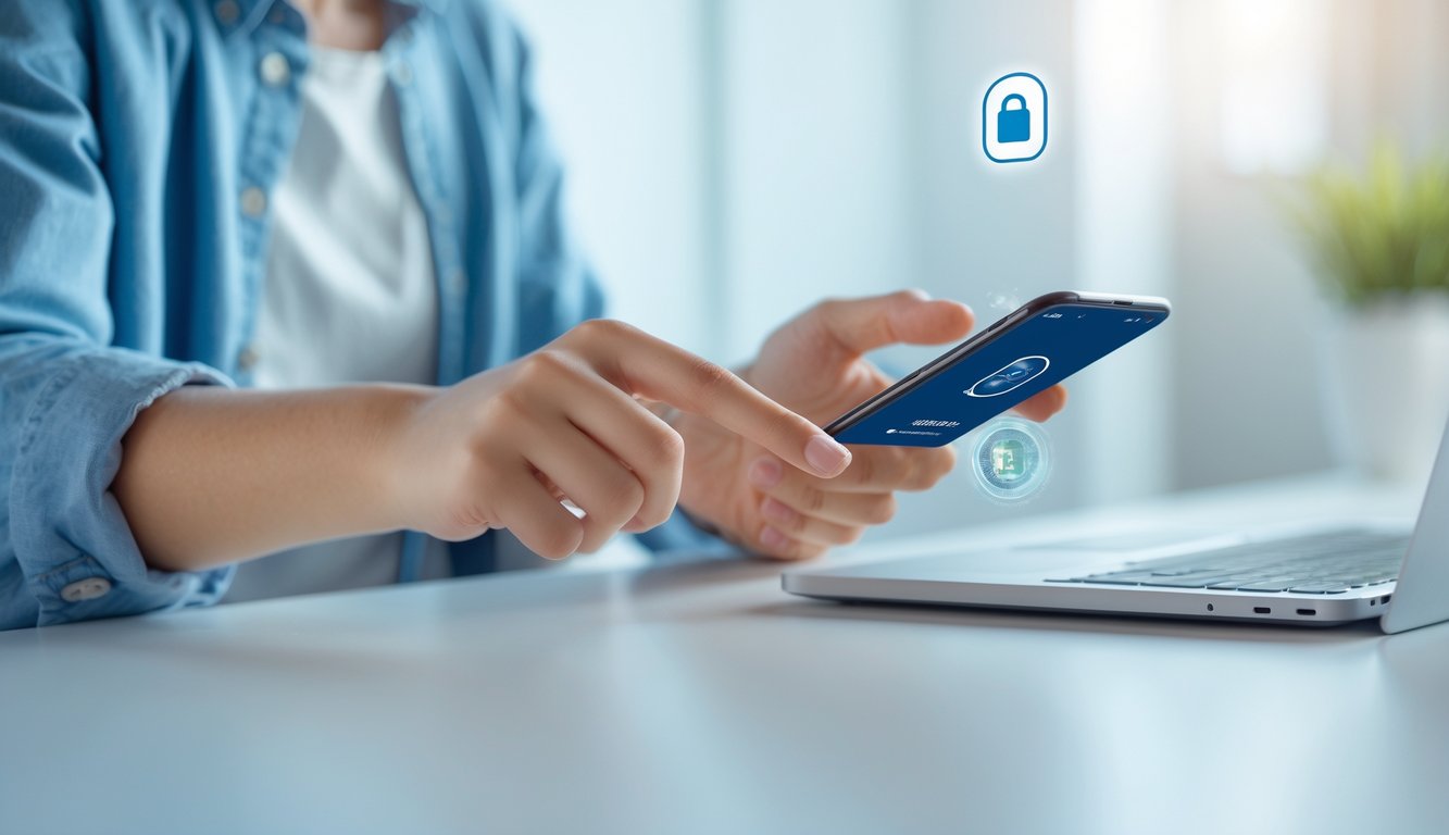 Seseorang menggunakan ponsel untuk melakukan deposit online di meja kerja yang terang dan rapi.