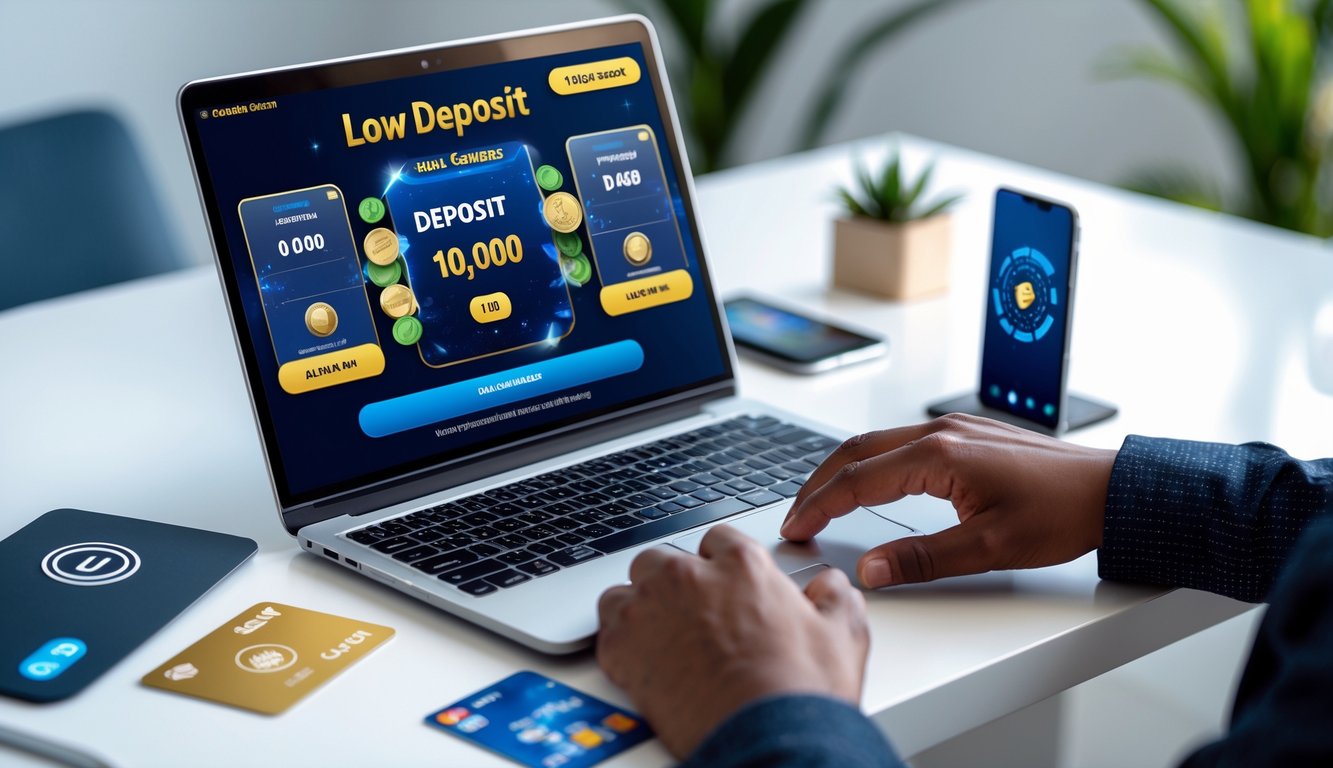Seorang pengguna sedang bermain permainan kartu online di laptop dengan suasana kerja yang rapi dan perangkat digital di sekitarnya.