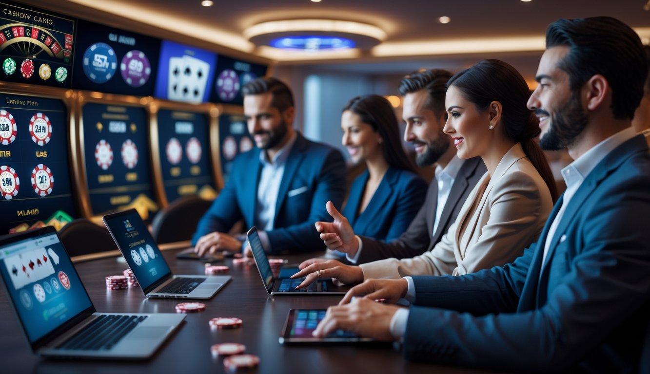 Beberapa orang bermain permainan kasino langsung secara online menggunakan berbagai perangkat digital di lingkungan yang nyaman dan profesional.
