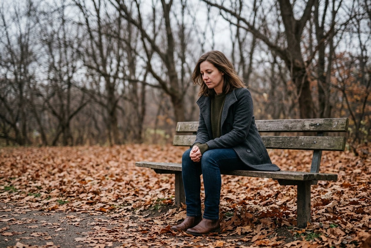 A solitary person sitting on a park bench surrounded by fallen autumn leaves, looking down thoughtfully with a sad expression.