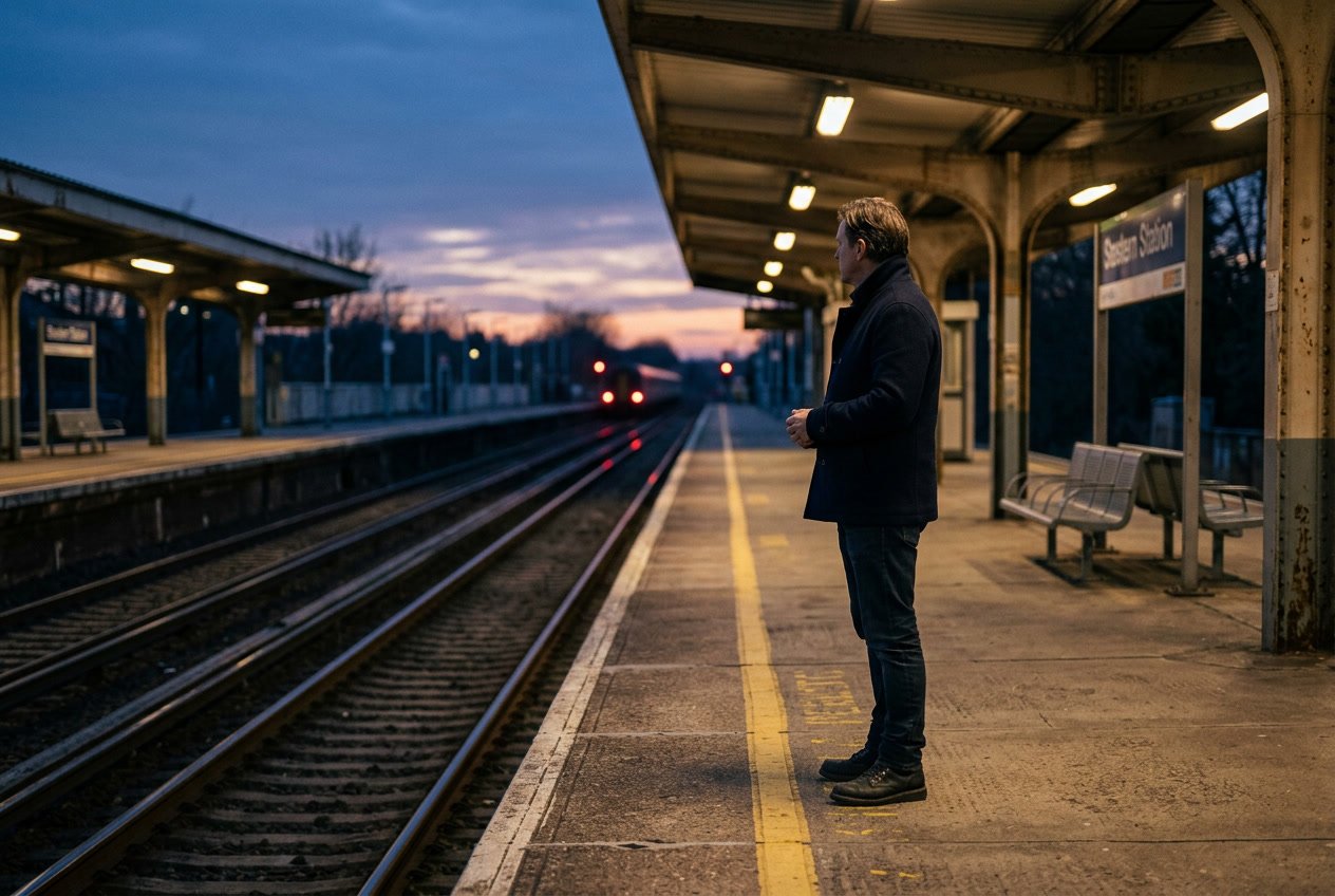 A solitary person stands alone on an empty train platform at dusk, looking thoughtfully into the distance with a somber expression.