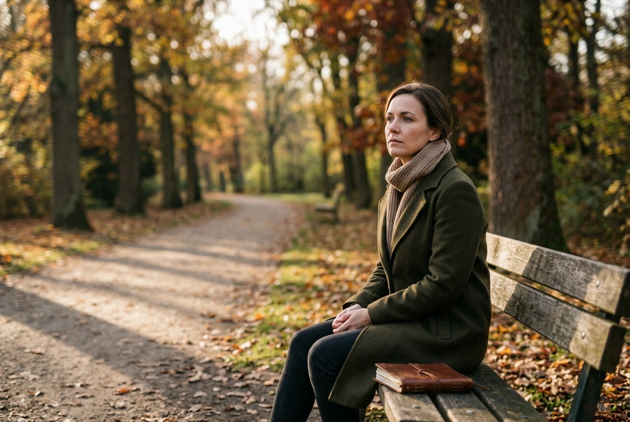 A solitary person sitting alone on a park bench, looking thoughtful and sad, surrounded by autumn trees in soft sunlight.