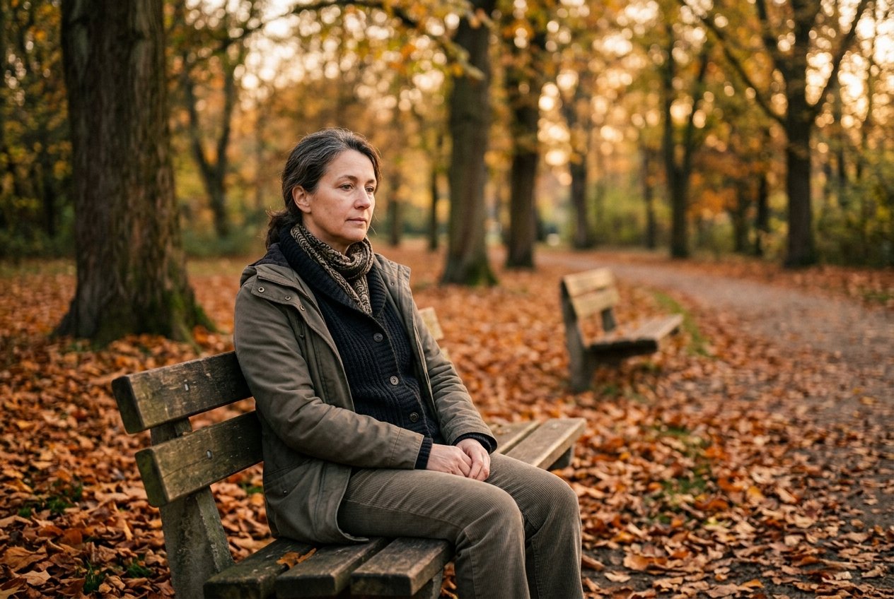 A solitary person sitting alone on a park bench surrounded by autumn leaves, looking thoughtful and melancholic.