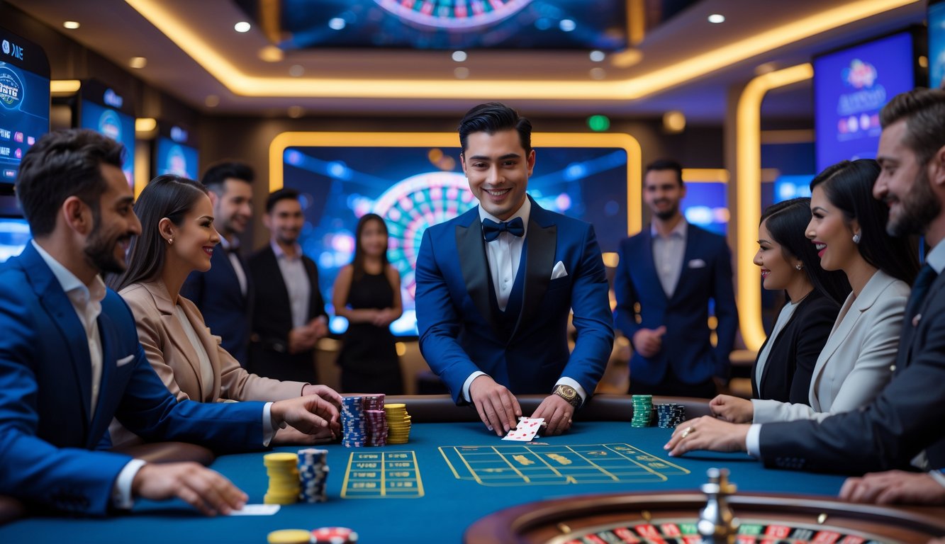 Seorang dealer kasino profesional sedang membagikan kartu di meja kasino dengan pemain yang fokus di sekitarnya.