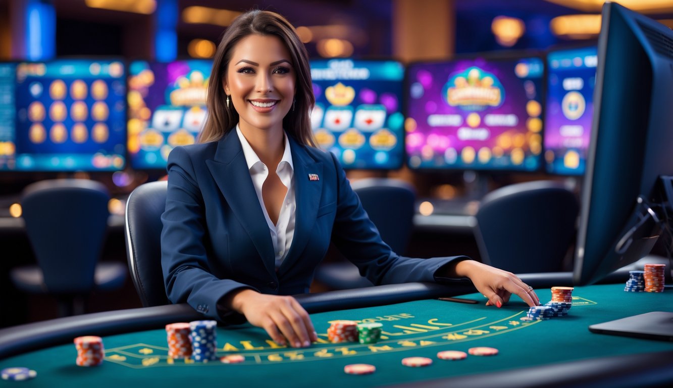 Seorang dealer wanita profesional di meja kasino dengan kartu dan chip, dikelilingi oleh monitor komputer yang menampilkan permainan kasino online.