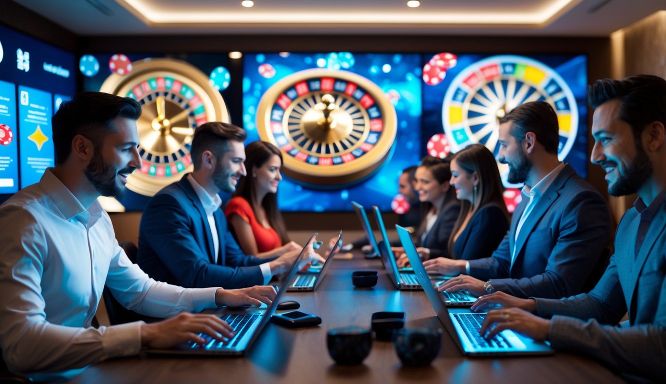 Orang-orang bermain permainan kasino langsung secara online dengan perangkat modern di lingkungan kasino digital yang cerah dan ramai.
