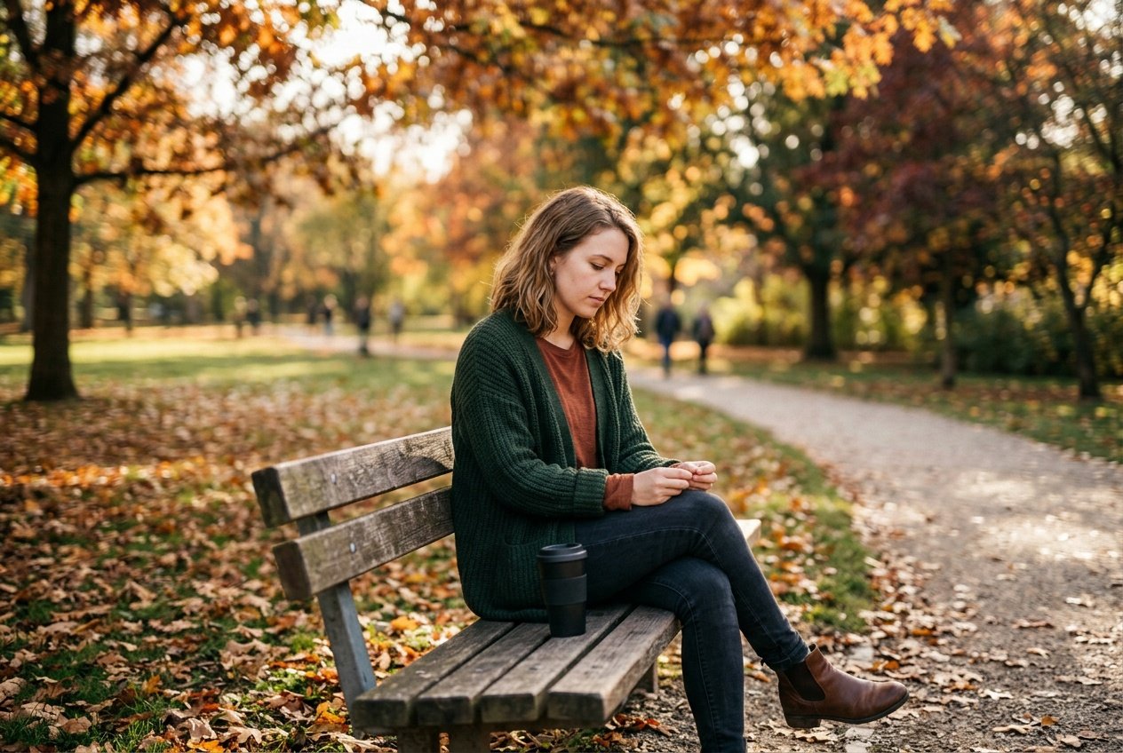 A young adult sitting alone on a park bench surrounded by autumn leaves, looking thoughtful and introspective.