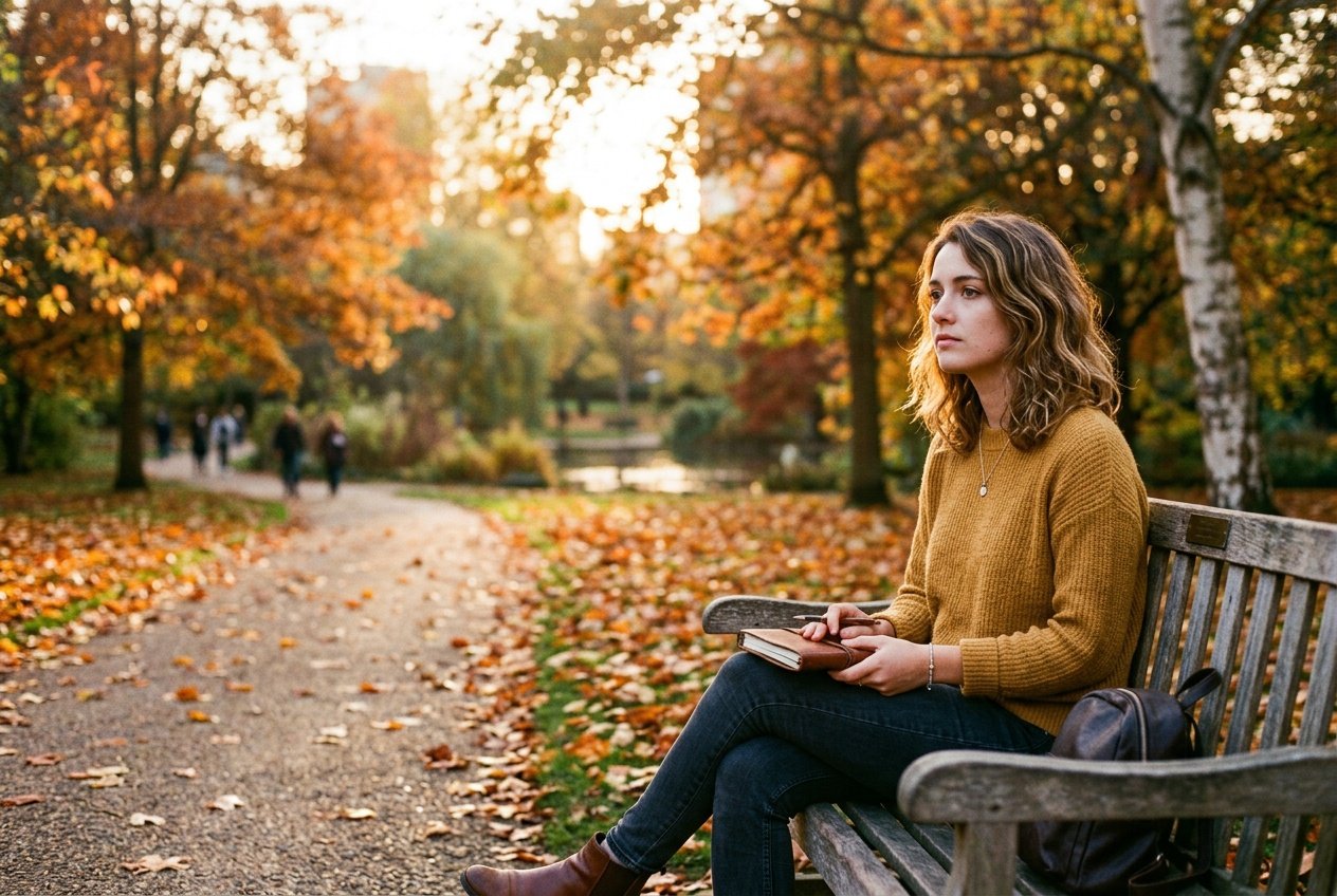 A young woman sitting alone on a park bench, looking thoughtful and reflective with autumn trees in the background.