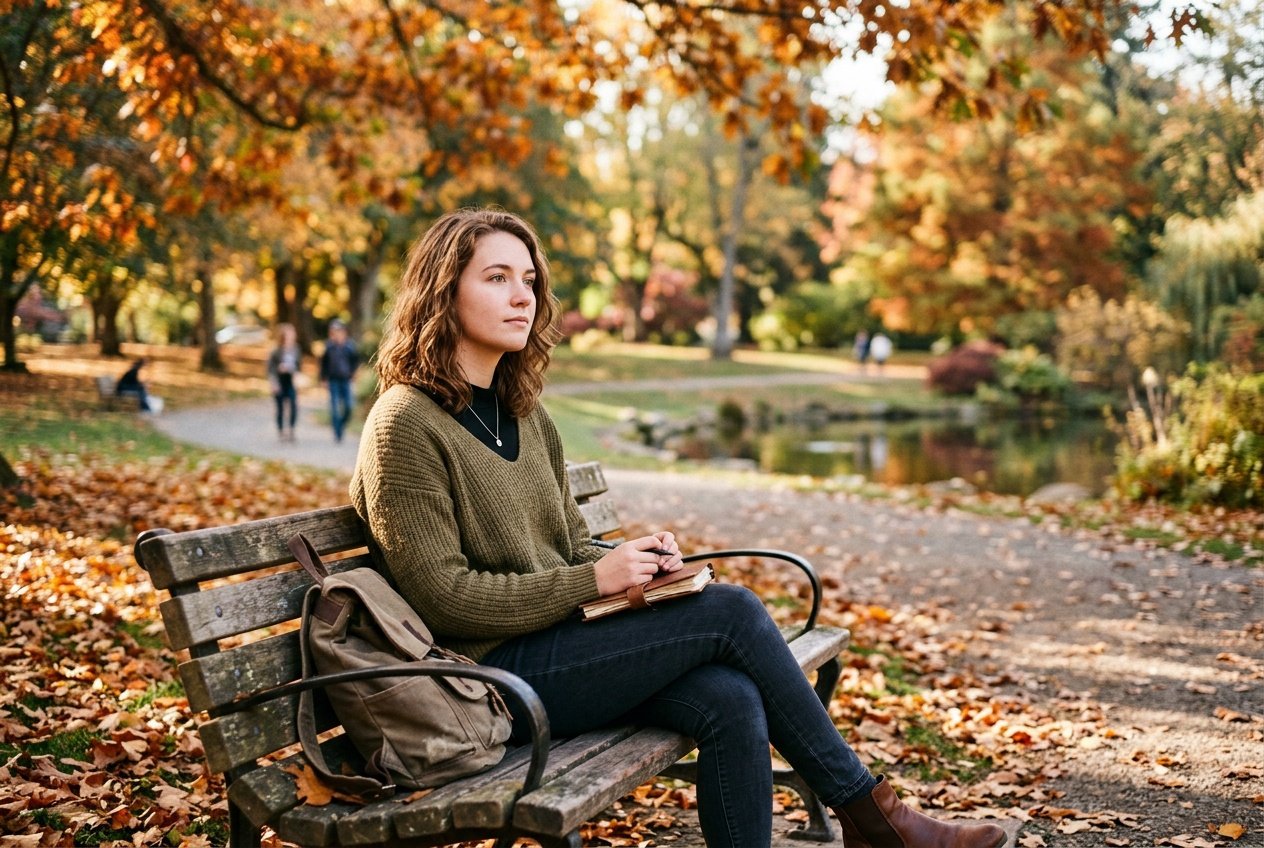A young adult sitting alone on a park bench surrounded by fallen leaves, looking thoughtfully into the distance.
