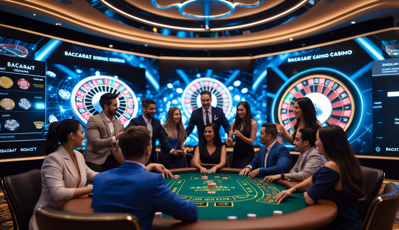 Suasana kasino online langsung dengan pemain yang sedang bermain baccarat dan roulette di layar besar.