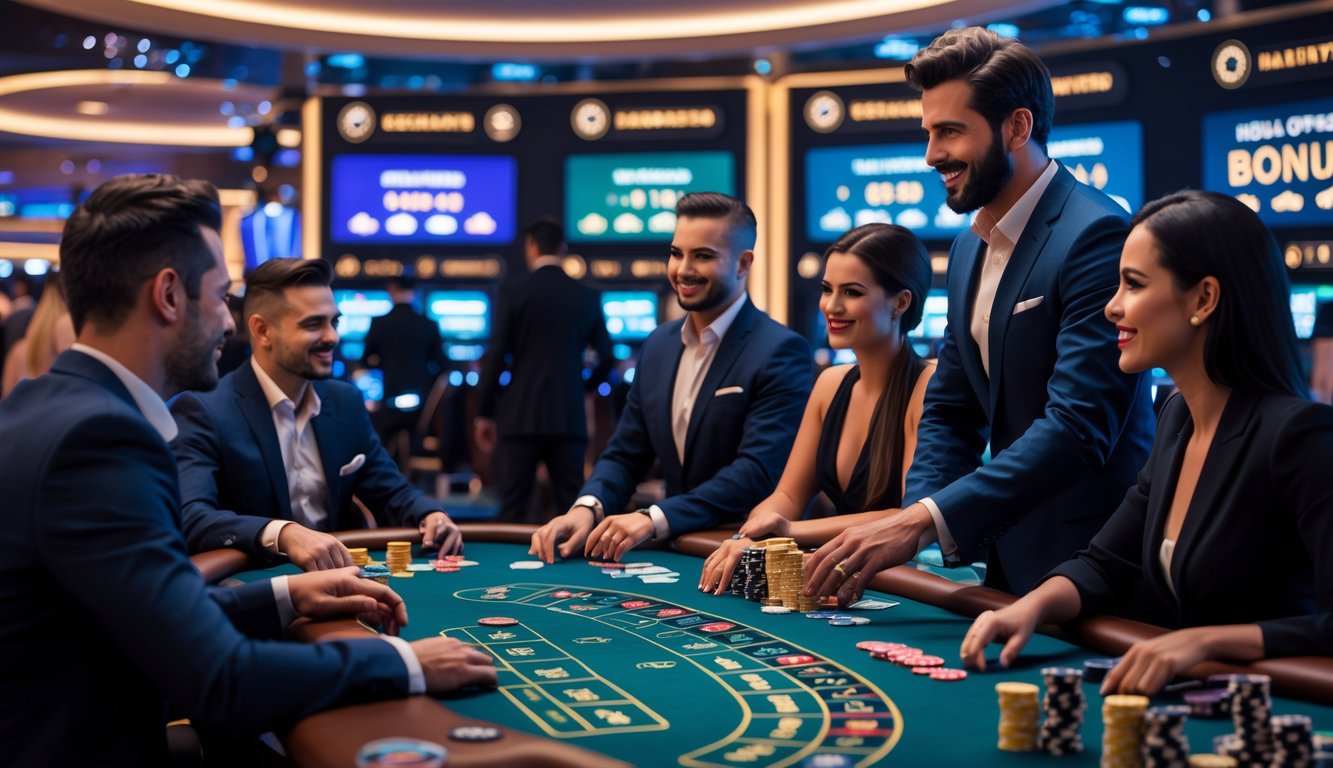 Suasana kasino langsung dengan pemain dan dealer yang sedang bermain Baccarat dan Roulette di meja permainan.
