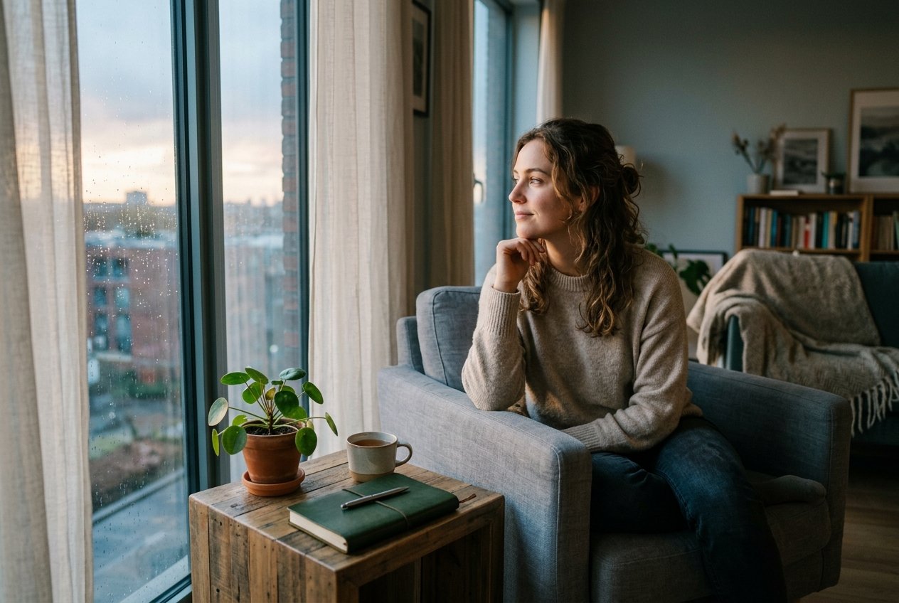 A young adult sitting alone by a window, looking thoughtful and reflective in a cozy living room.