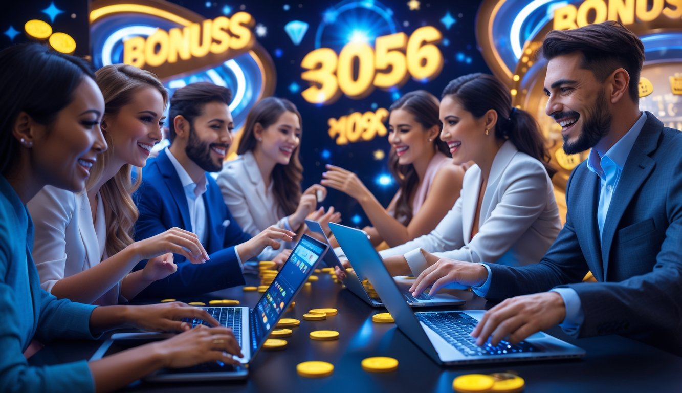 Orang-orang bermain kasino online dengan perangkat digital di lingkungan modern yang cerah dan ramai.