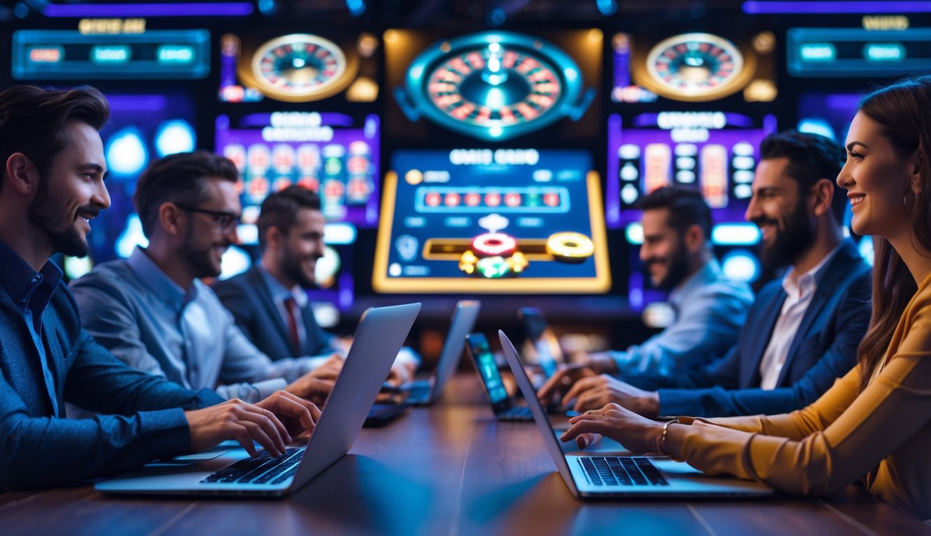 Orang-orang menggunakan perangkat digital untuk bermain permainan kasino langsung secara online dengan suasana yang cerah dan menyenangkan.