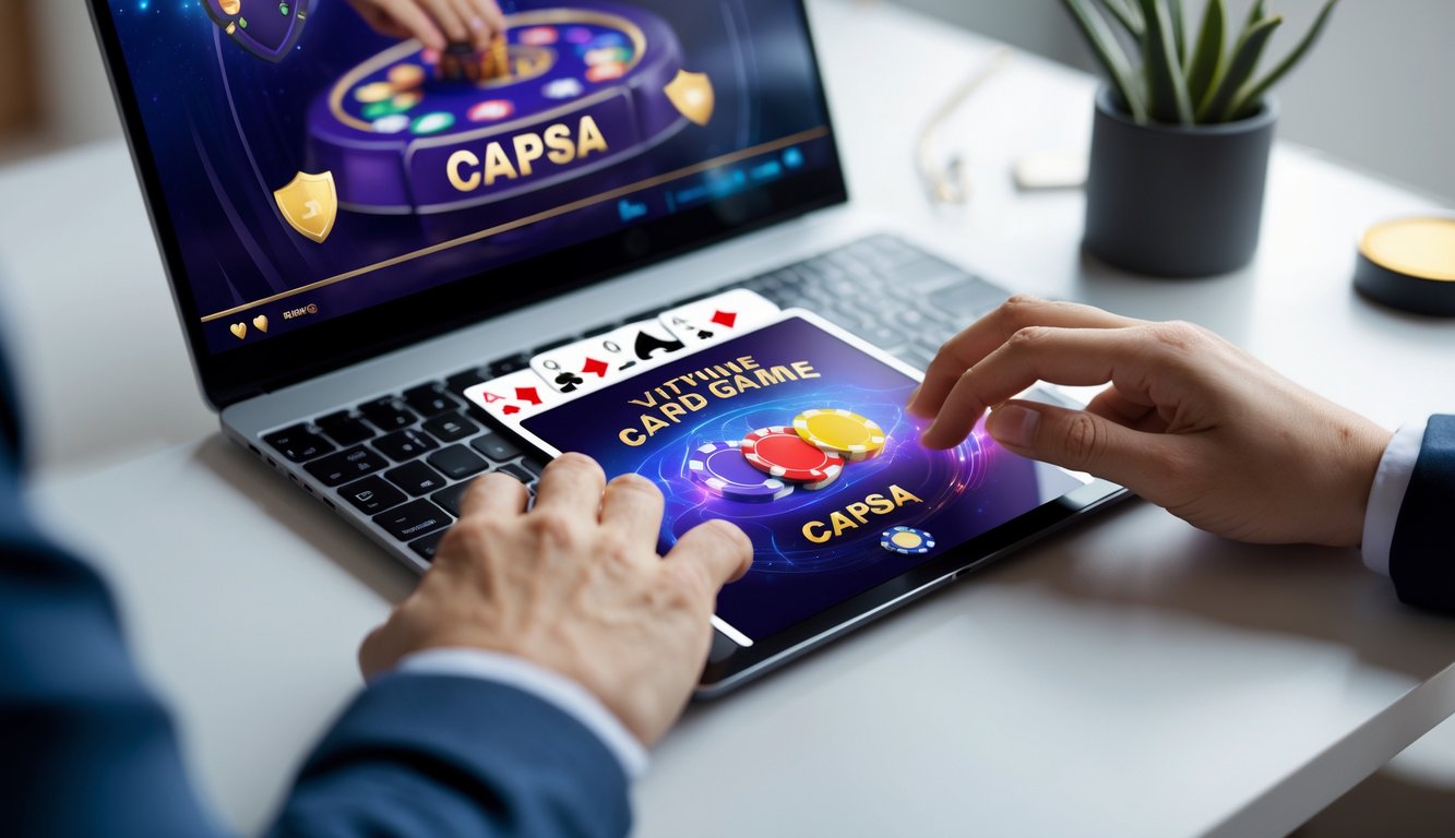 Seseorang bermain permainan kartu Capsa secara online menggunakan laptop dengan suasana yang bersih dan profesional.