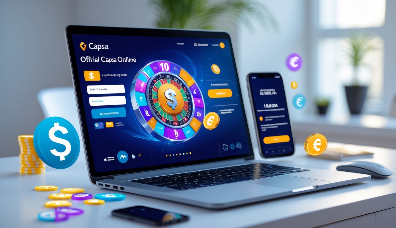 Seorang pengguna sedang bermain Capsa online di komputer dengan suasana kerja yang terang dan rapi, menampilkan simbol pembayaran digital dan notifikasi transaksi cepat.