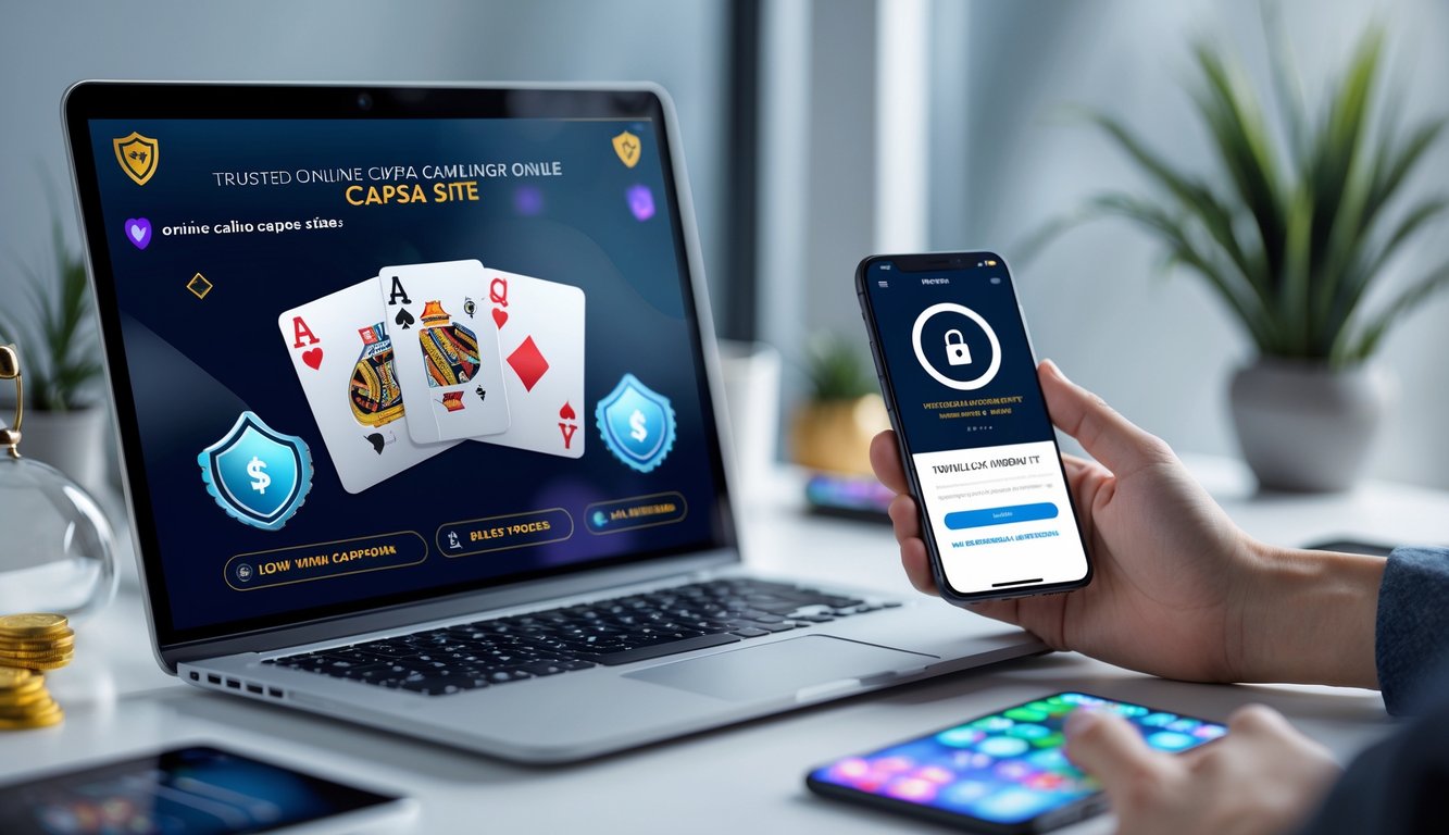 Seorang pria duduk di depan laptop dan ponsel yang menampilkan permainan kartu Capsa online dengan suasana kerja yang rapi dan pencahayaan alami.