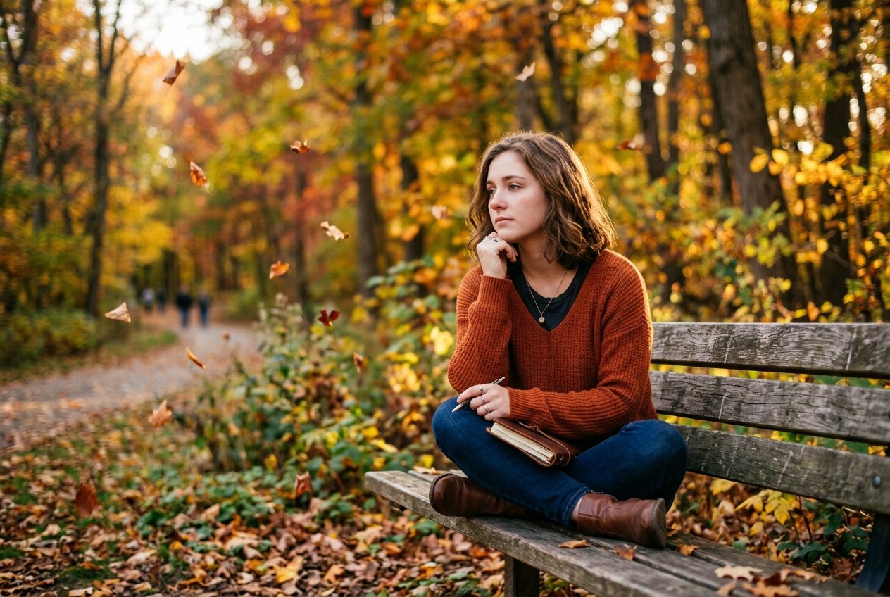 A young adult sitting alone on a park bench, looking thoughtful and melancholic with autumn trees in the background.