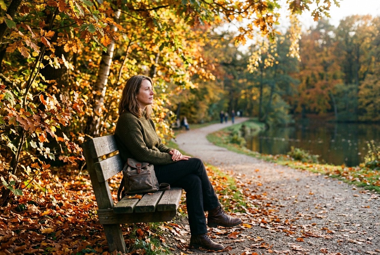 A person sitting alone on a park bench in autumn, looking thoughtfully into the distance surrounded by trees and falling leaves.