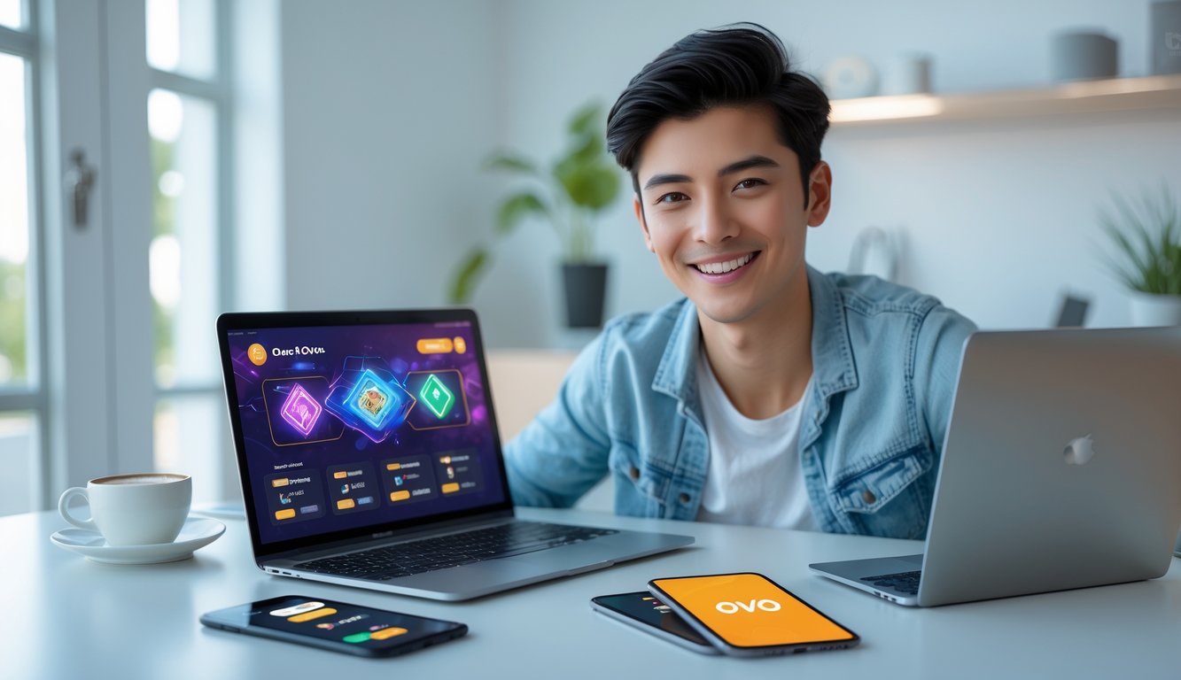 Seorang dewasa muda duduk di meja dengan laptop dan ponsel yang menampilkan aplikasi dompet digital, sedang bermain permainan kartu online dengan ekspresi senang.
