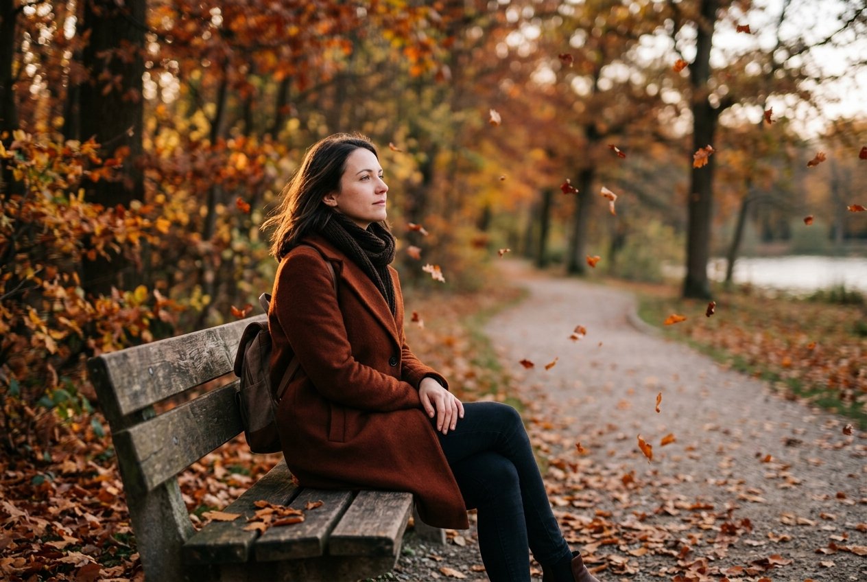 A solitary person sitting alone on a park bench surrounded by autumn leaves, looking thoughtfully into the distance.