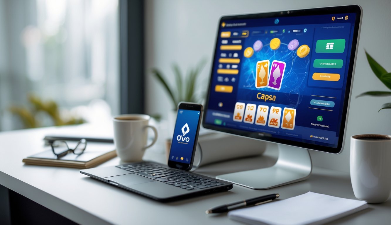 Seorang pemain sedang menggunakan laptop dan ponsel untuk bermain Capsa online dengan aplikasi dompet digital di meja kerja yang rapi.