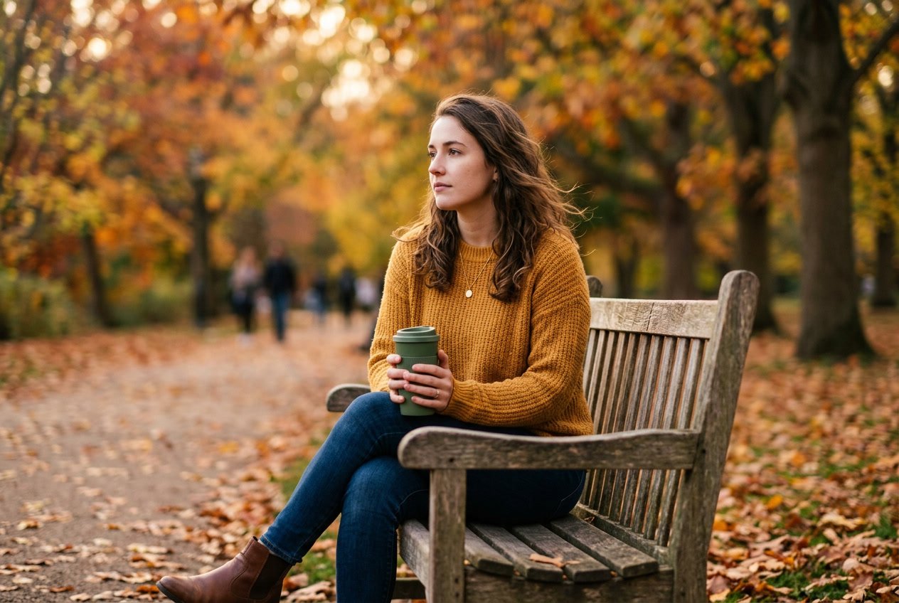 A young woman sitting alone on a park bench in autumn, looking thoughtfully into the distance.