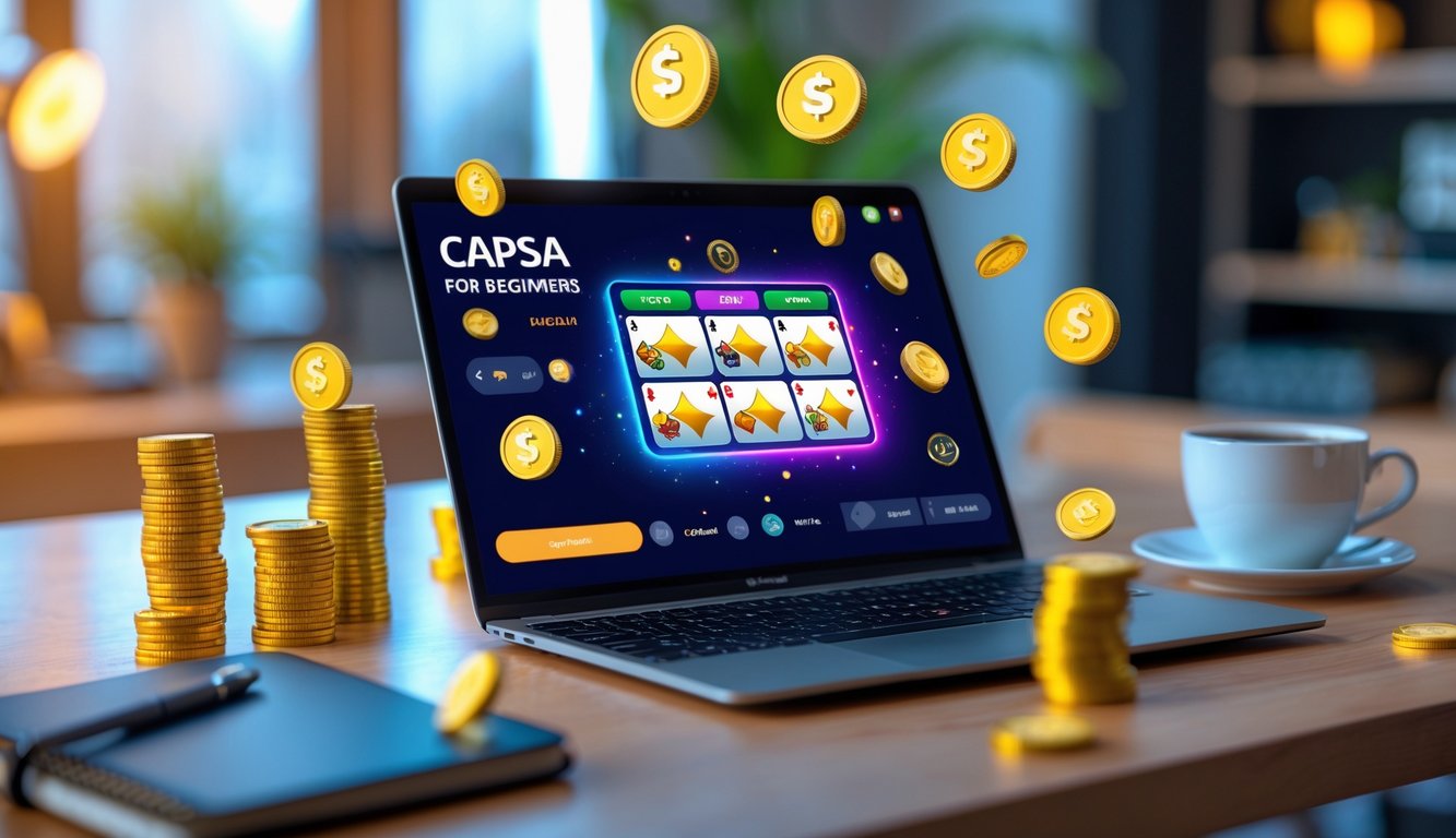 Seorang pengguna menggunakan laptop dengan tampilan permainan kartu Capsa online di layar dalam suasana ruang kerja yang nyaman.