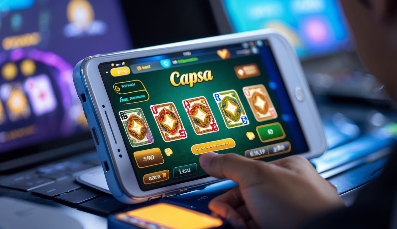 Seseorang bermain permainan kartu Capsa secara online menggunakan perangkat digital dengan tampilan kartu di layar dan simbol transaksi digital di latar belakang.