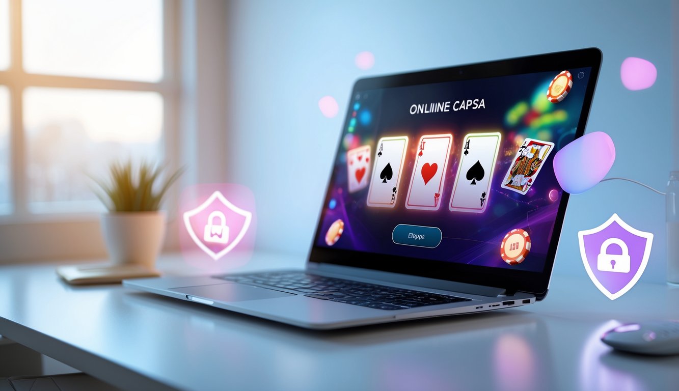 Sebuah laptop di meja dengan tampilan permainan kartu Capsa di layar, dikelilingi simbol keamanan yang menunjukkan situs judi online terpercaya.