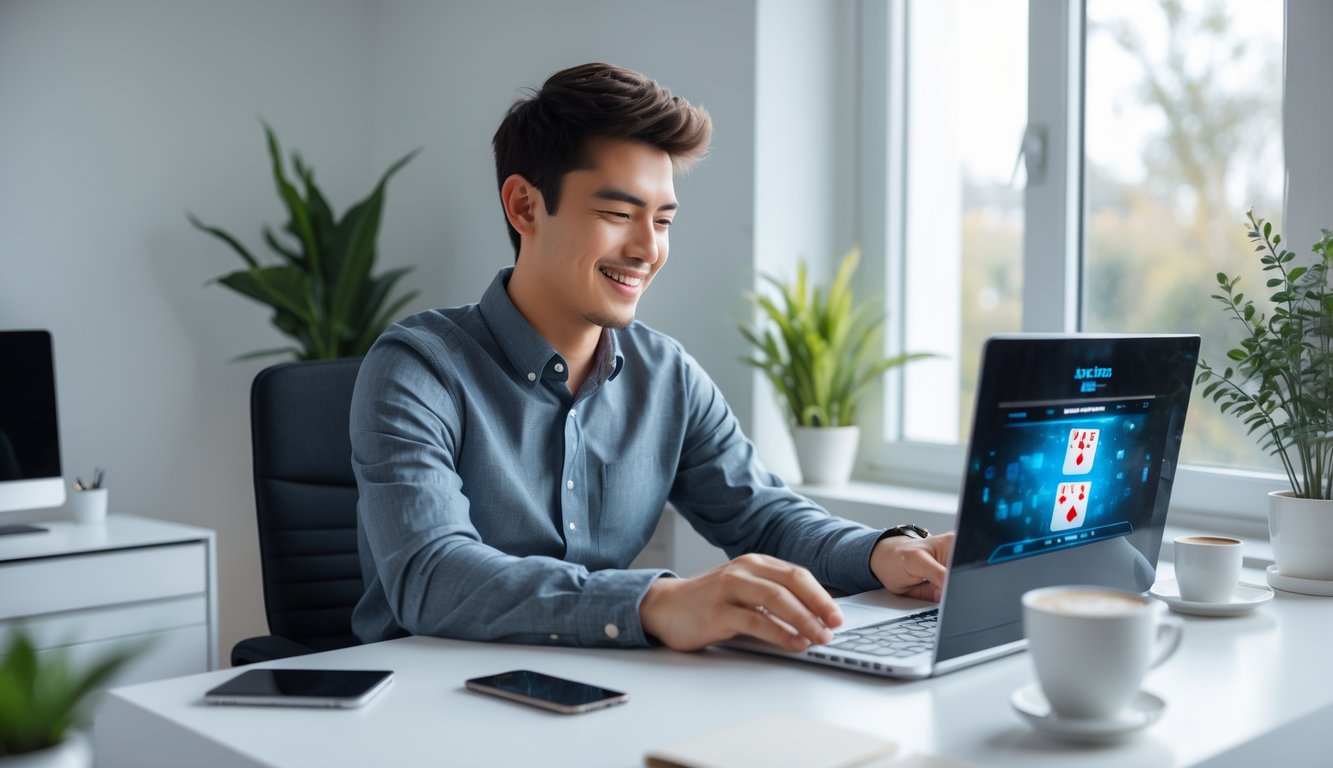Seorang pria muda duduk di meja modern bermain permainan kartu online di laptop dengan ekspresi fokus dan senang.