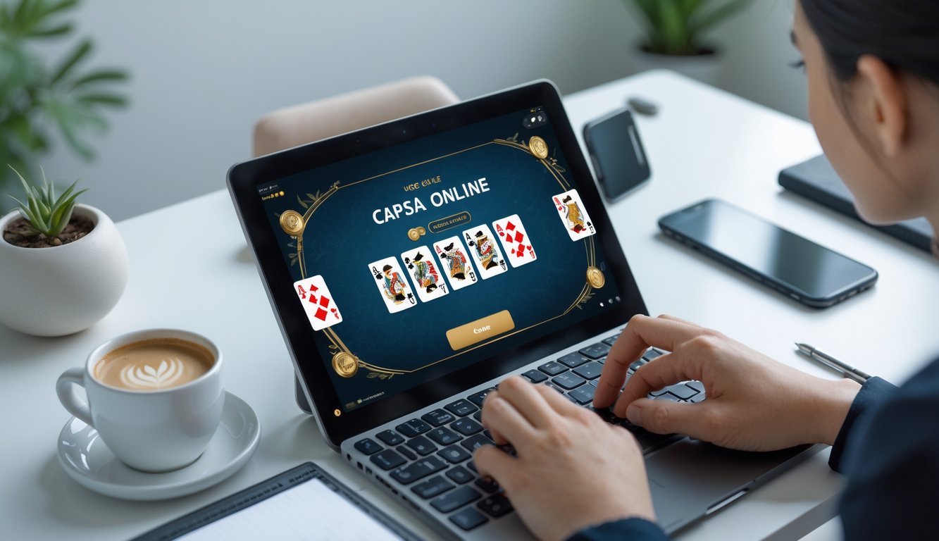 Seseorang bermain permainan kartu Capsa Online di laptop dengan suasana kerja yang rapi dan fokus.