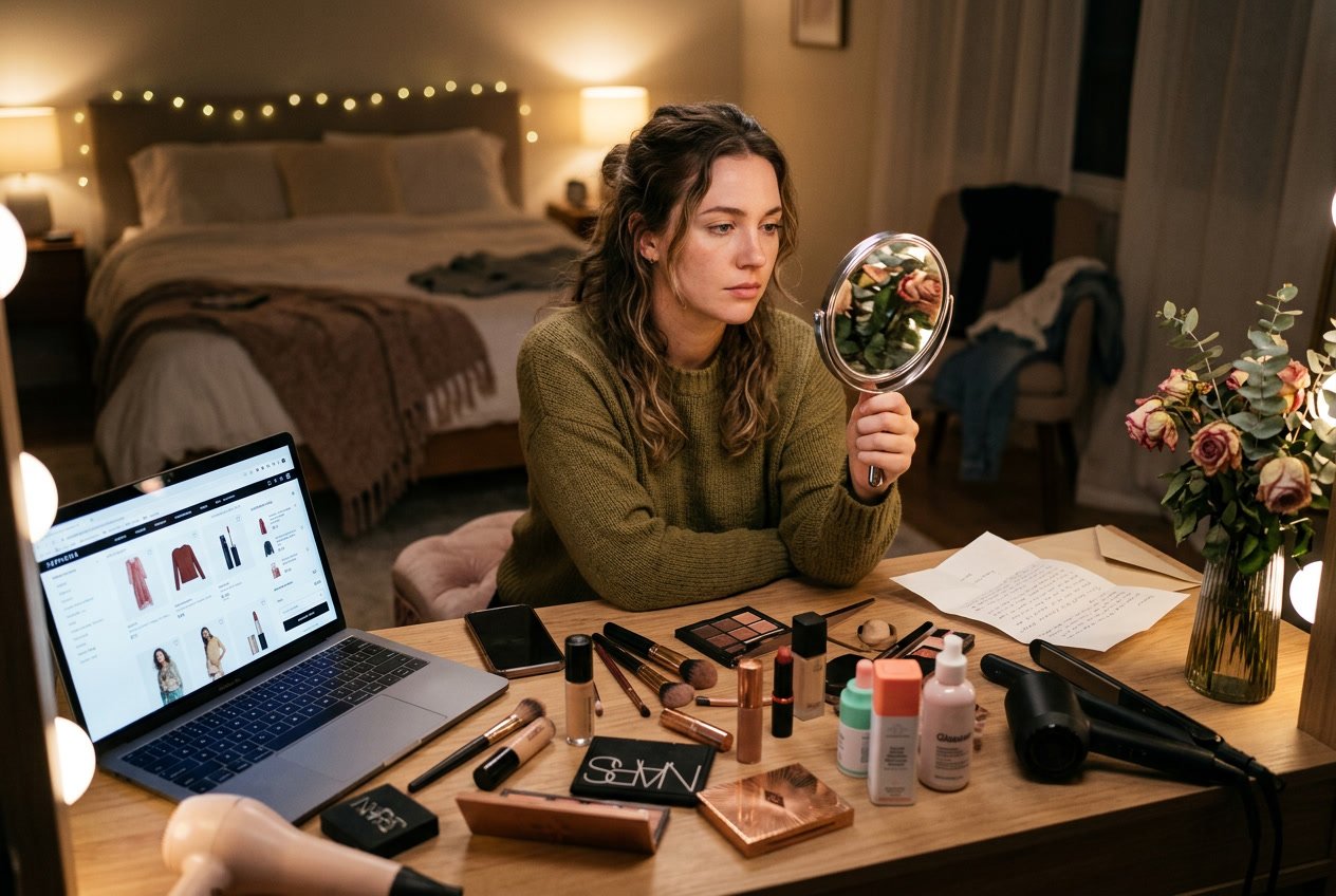 A young woman sitting at a vanity table with beauty products, looking thoughtfully into a handheld mirror in a softly lit bedroom.
