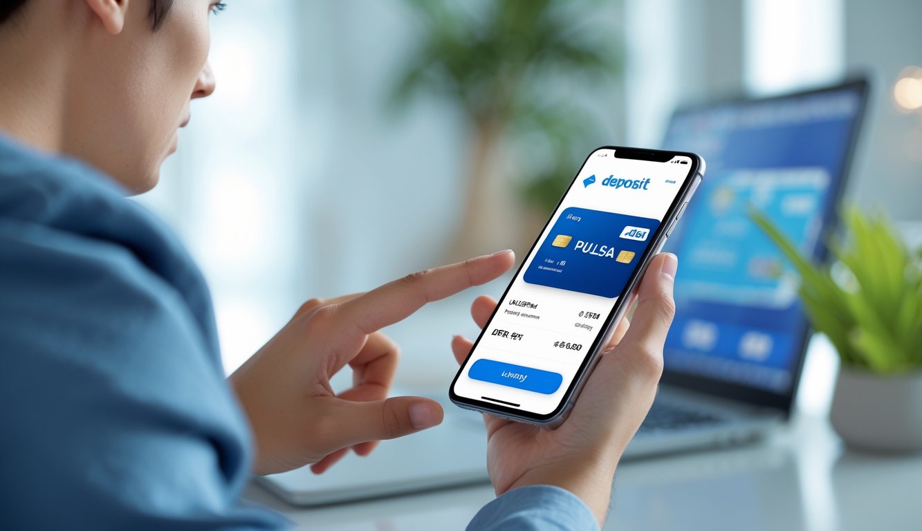 Seorang dewasa muda menggunakan ponsel pintar untuk melakukan transaksi deposit pulsa online di lingkungan rumah atau kantor yang modern.