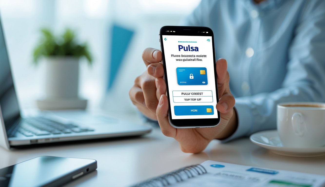Seseorang sedang memegang ponsel yang menampilkan aplikasi pembayaran digital di meja kerja dengan laptop dan cangkir kopi.