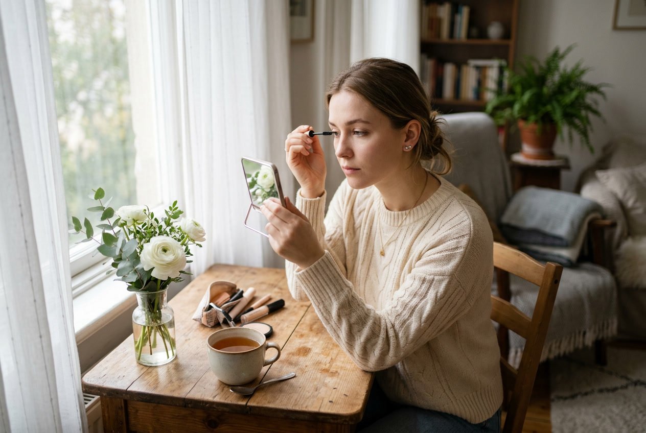 A young woman sitting alone at a table by a window, applying light makeup with a thoughtful expression, surrounded by a cup of tea and flowers.