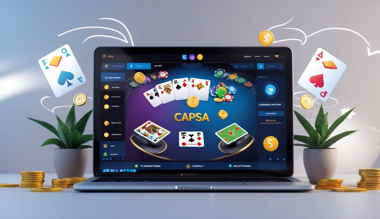Seorang pemain menggunakan laptop dan ponsel untuk bermain Capsa online dengan tampilan antarmuka permainan kartu digital.