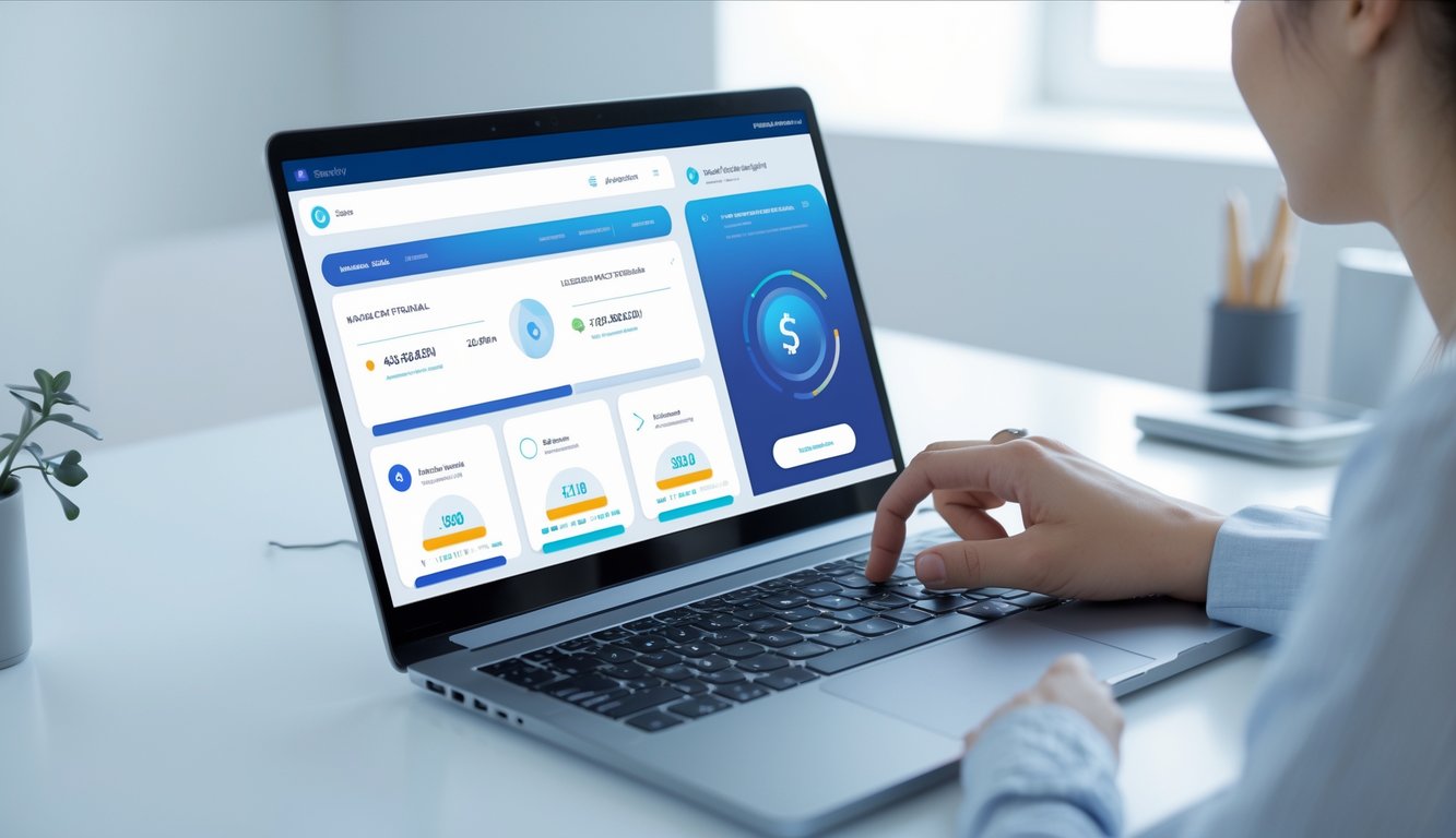 Seorang pengguna sedang menggunakan laptop dengan tampilan platform keuangan digital yang menunjukkan transaksi cepat dan setoran rendah.