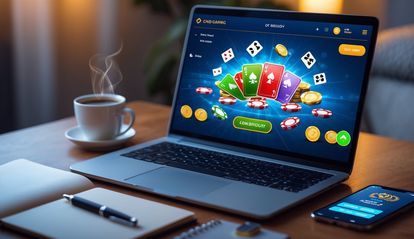 Seorang pria menggunakan laptop dengan tampilan permainan kartu online di layar, di meja terdapat smartphone, kopi, dan buku catatan.