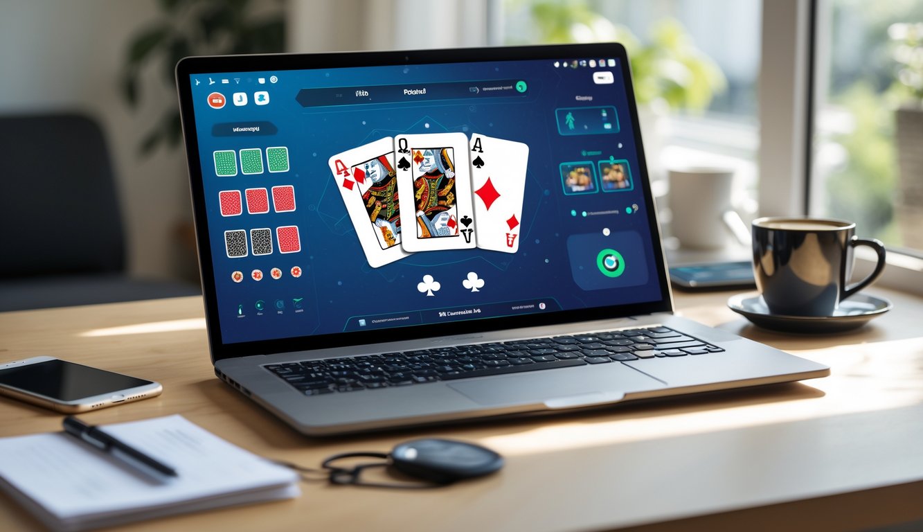 Seorang pemain sedang menggunakan laptop untuk bermain kartu online di meja kerja dengan kopi dan ponsel di sampingnya.
