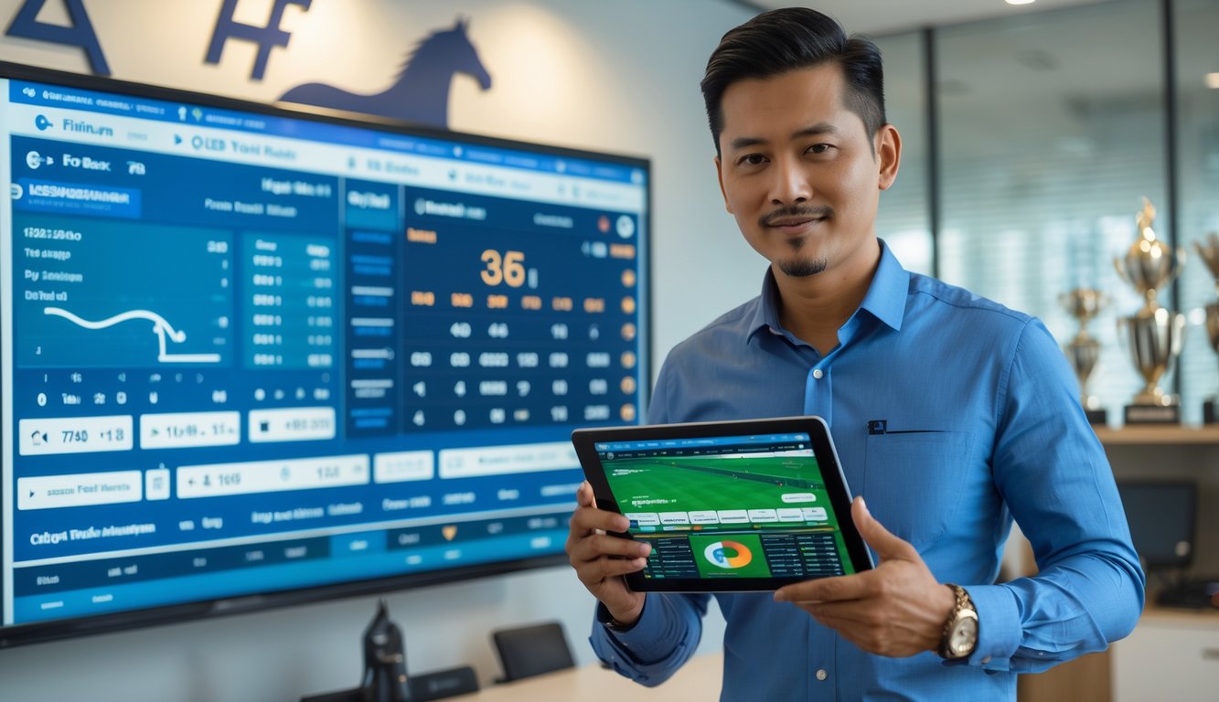 Seorang pria Indonesia berdiri di depan layar digital besar dengan data taruhan kuda pacuan, di dalam ruangan kantor modern.