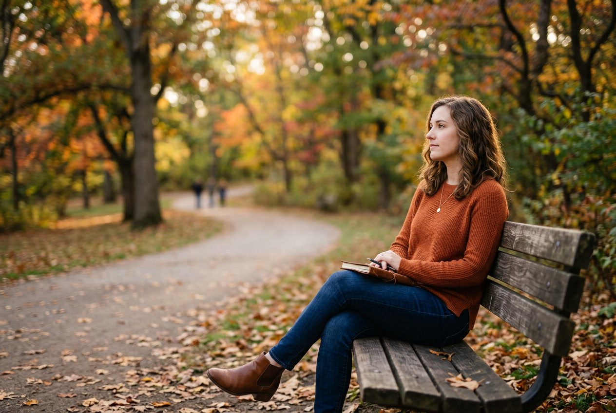 A young adult sitting alone on a park bench looking thoughtful and reflective in a quiet outdoor setting.