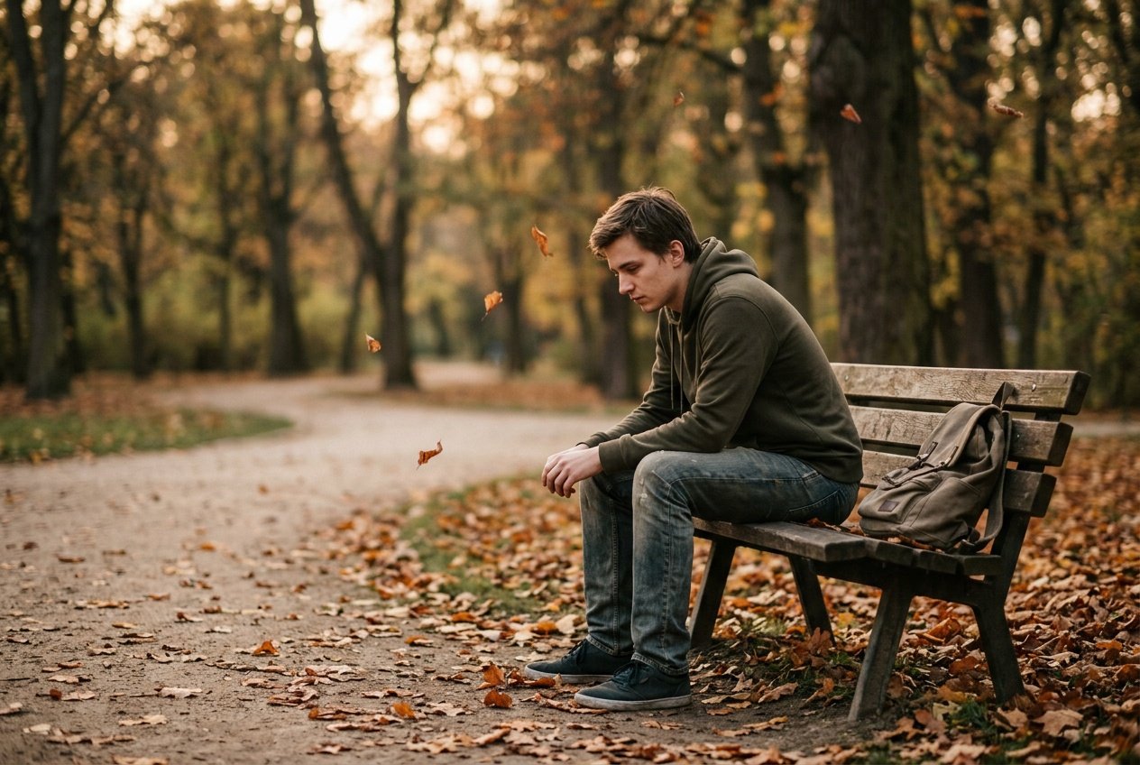 A young adult sitting alone on a park bench looking thoughtful and sad, surrounded by autumn leaves in a quiet park.