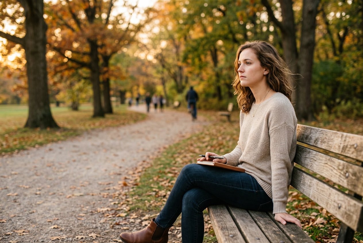 A young woman sitting alone on a park bench, looking thoughtful and reflective in a quiet outdoor setting.