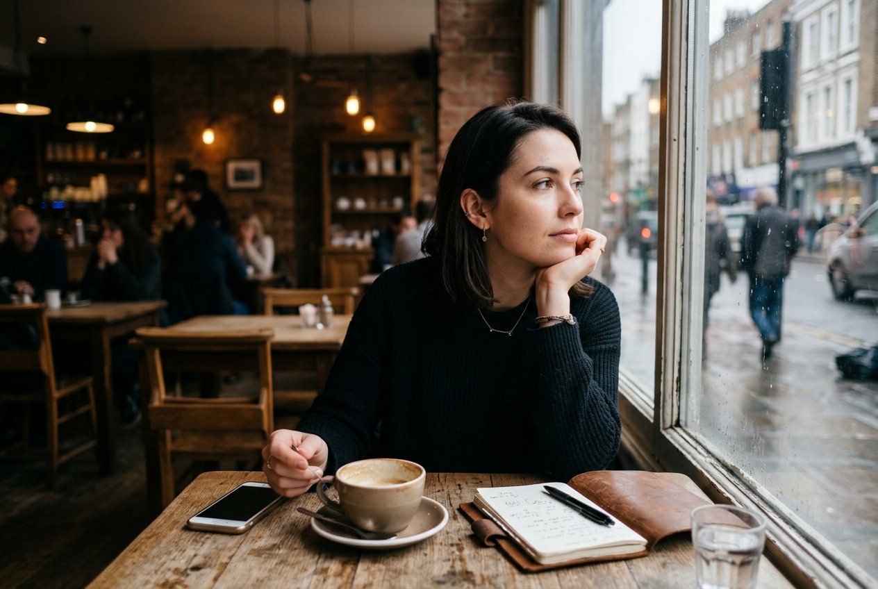 A young adult sitting alone at a café table by a window, looking thoughtfully outside with a coffee cup and a notebook on the table.
