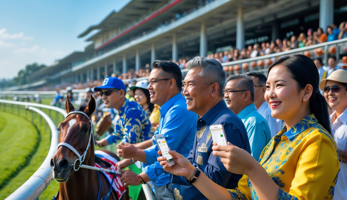 Suasana balapan kuda di Indonesia dengan penonton dan petaruh yang antusias menyaksikan perlombaan di arena pacuan kuda.