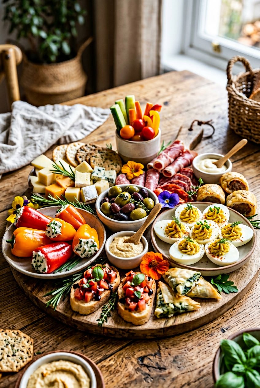 A wooden serving board loaded with bite-sized appetizers including rolled meats, cubed cheese, cherry tomatoes, and small vegetable dippers arranged in casual rows.