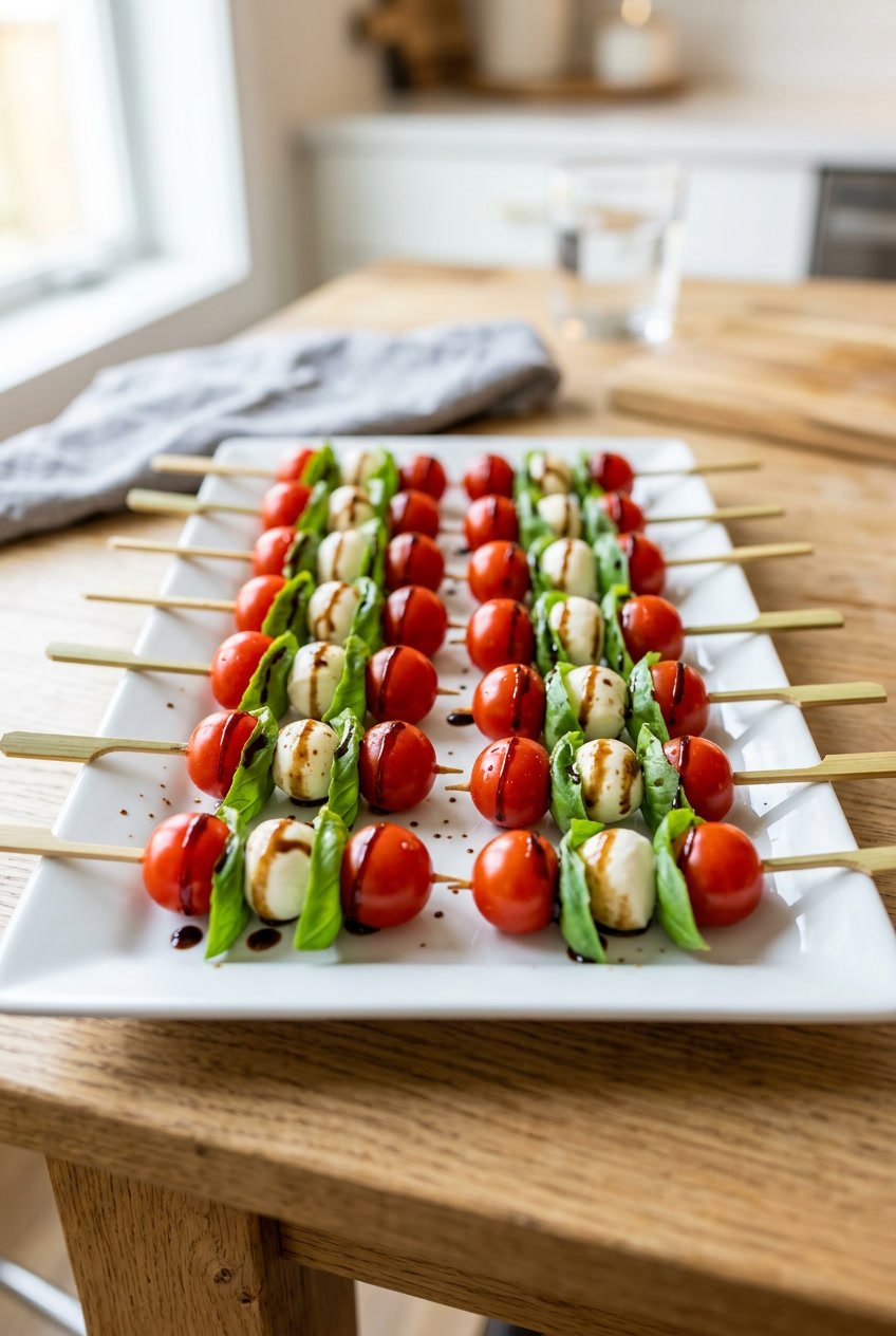 A white platter of Caprese skewers with bright red cherry tomatoes, creamy mozzarella balls, and folded fresh basil leaves drizzled with dark balsamic glaze.