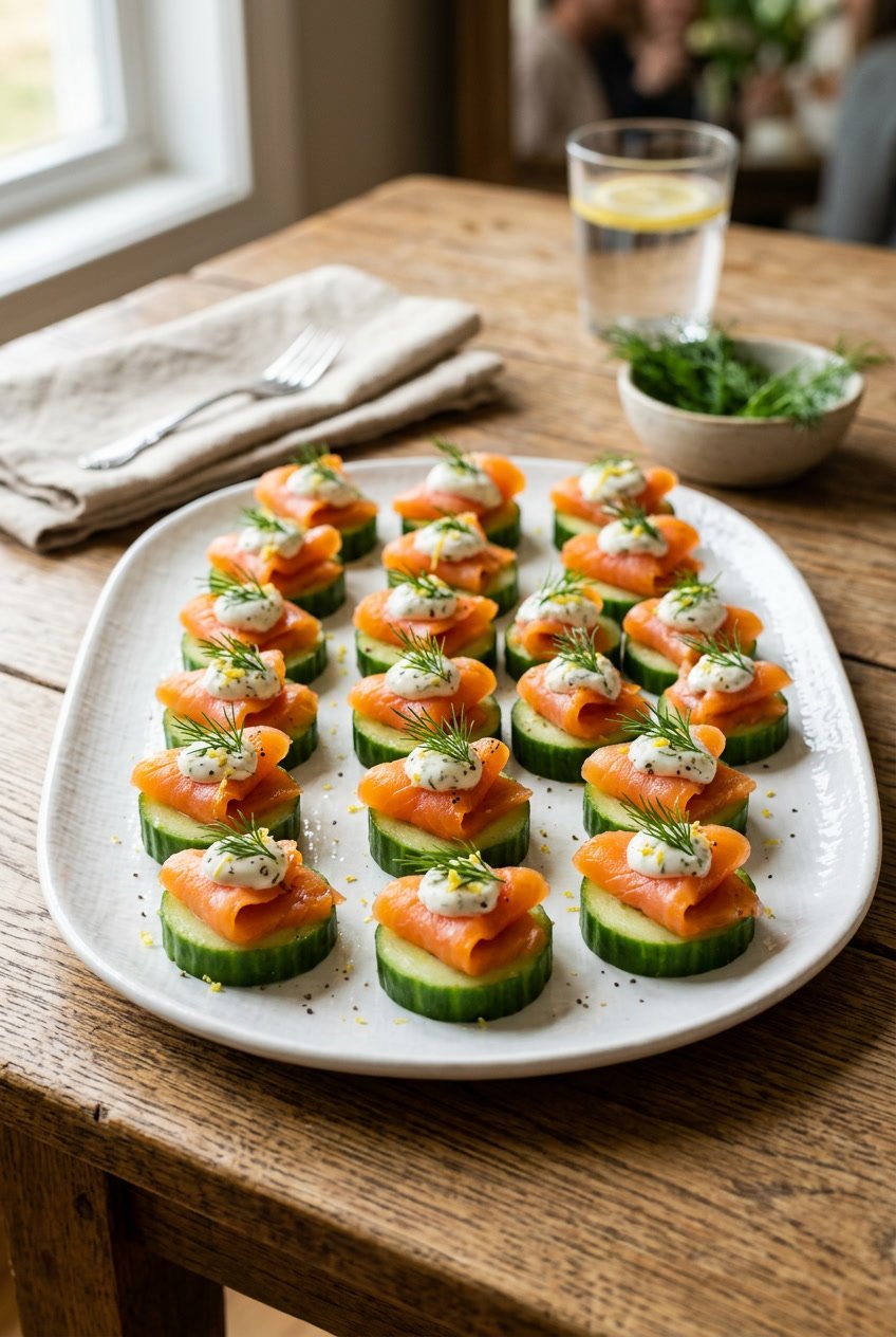 A white platter of cucumber rounds topped with cream cheese spread and folded strips of smoked salmon, garnished with small sprigs of fresh dill on a wooden table.